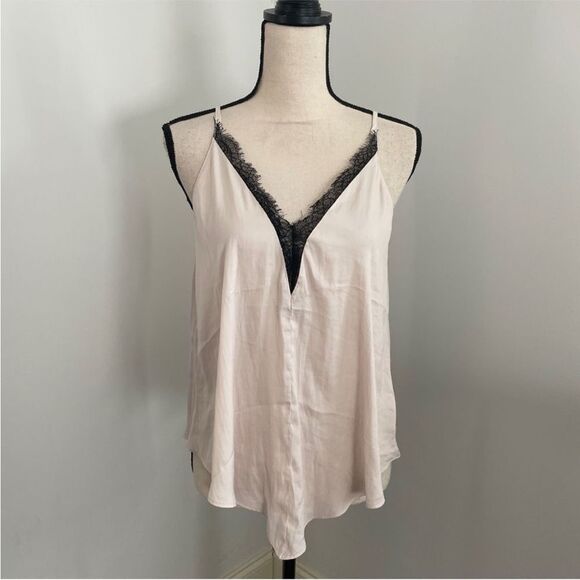 Mustard Seed Lace Trim VNeck Shell Cami size Small Cream Pink Satin Camisole Y2K - Picture 1 of 9